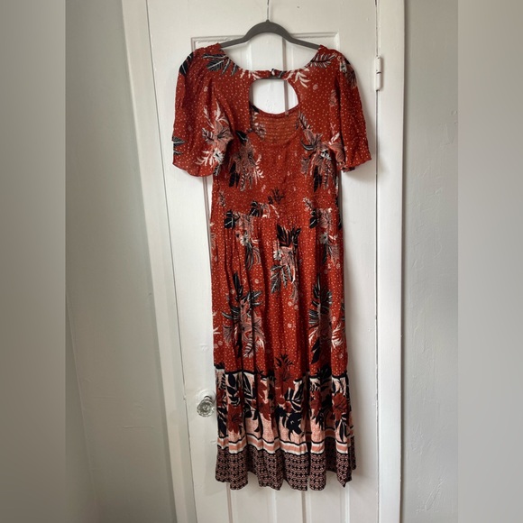 Bohme Jade Smocked Bohemian Midi Dress Rust Black Tropical Women’s Size Large - Picture 3 of 7